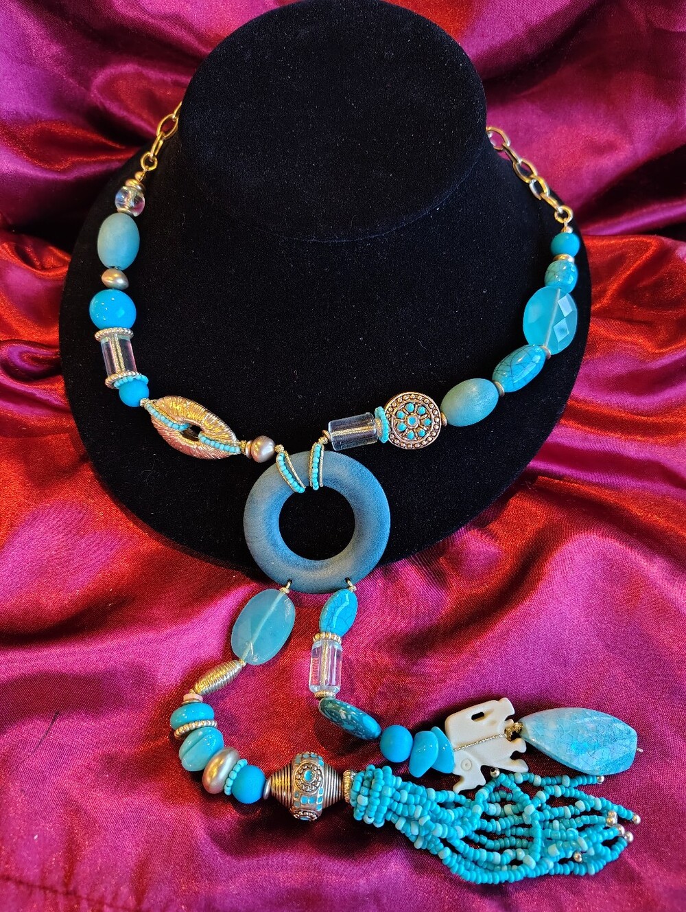 NWT Chico’s Turquoise Mixed Media Elephant Tassel Statement Lariat Necklace